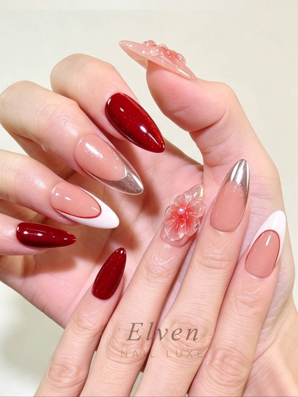 Elegant Wine Red Medium Almond Press On Nails With Silver Mirror Tips & Flowers